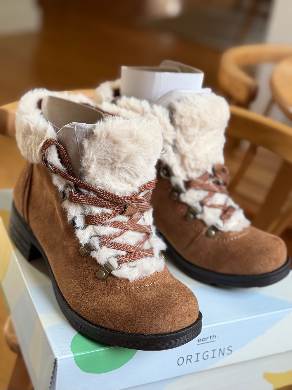 NWT Earth Origins Brown Faux Fur Lace-Up Ankle Booties